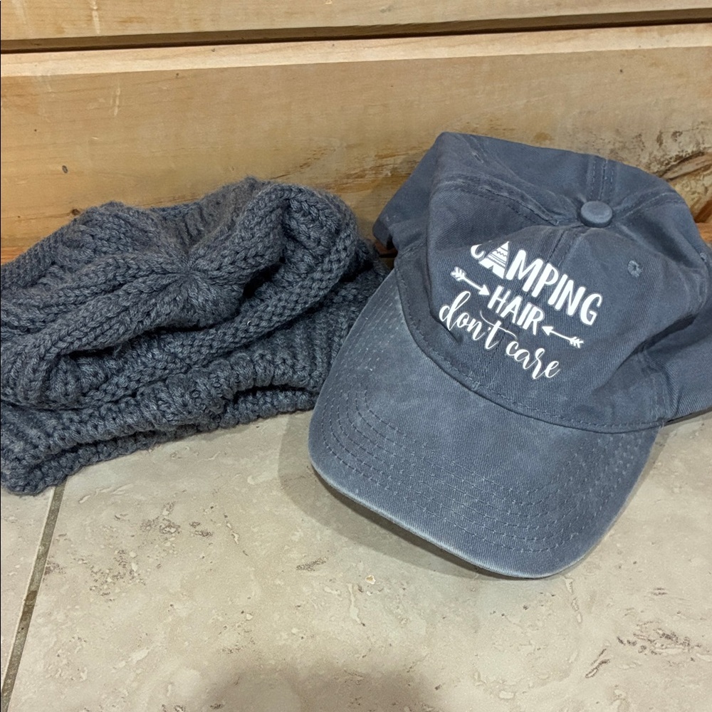 Unbranded Women’s Gray 'Camping Hair Don't Care' Baseball Cap & winter knit cap